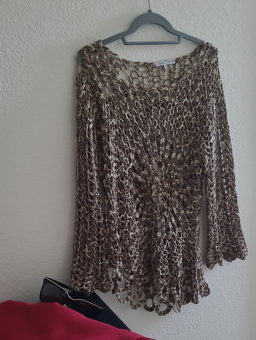Tempo Paris Metallic Crochet Top in Brown and Cream